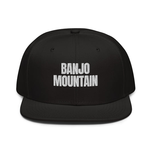 Black Banjo Mountain snapback hat, front view, with BANJO MOUNTAIN embroidered in white